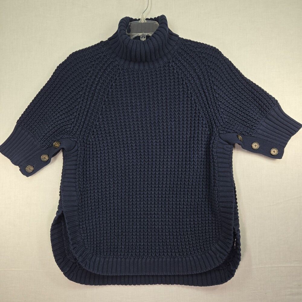 J Crew Sweater Womens Small Navy Blue Chunky Knit Side Split Turtleneck Cotton